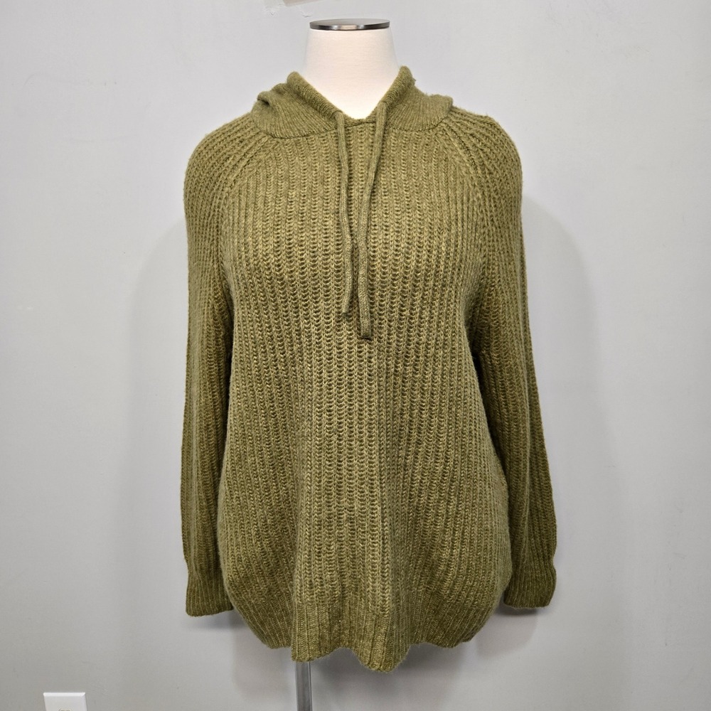 Aerie Sweater Hoodie Women XL Olive Green Fuzzy Chunky Knit Oversized Wool Blend